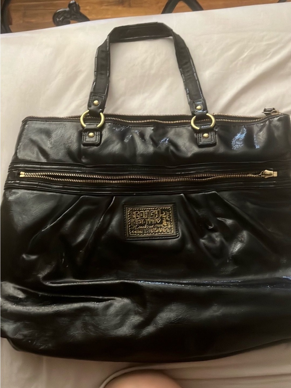 Coach Poppy Black Patent Leather Tote with Gold Hardware